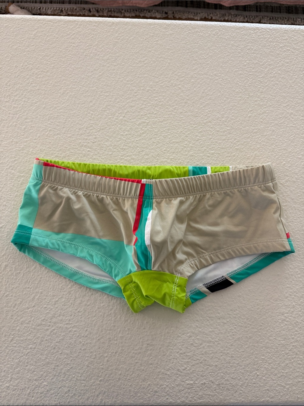Mr. Turk Neutral & Aqua Colorblock Men’s Swim Briefs with Lime Accents